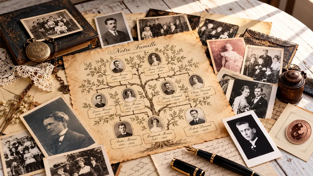 Arbre généalogique ancien entouré de photographies de famille