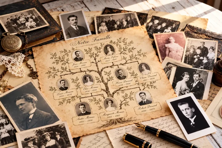 Arbre généalogique ancien entouré de photographies de famille