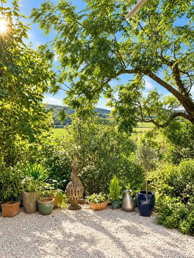 Le jardin du cabinet, gravier et arbres, ouvert sur la campagne audoise