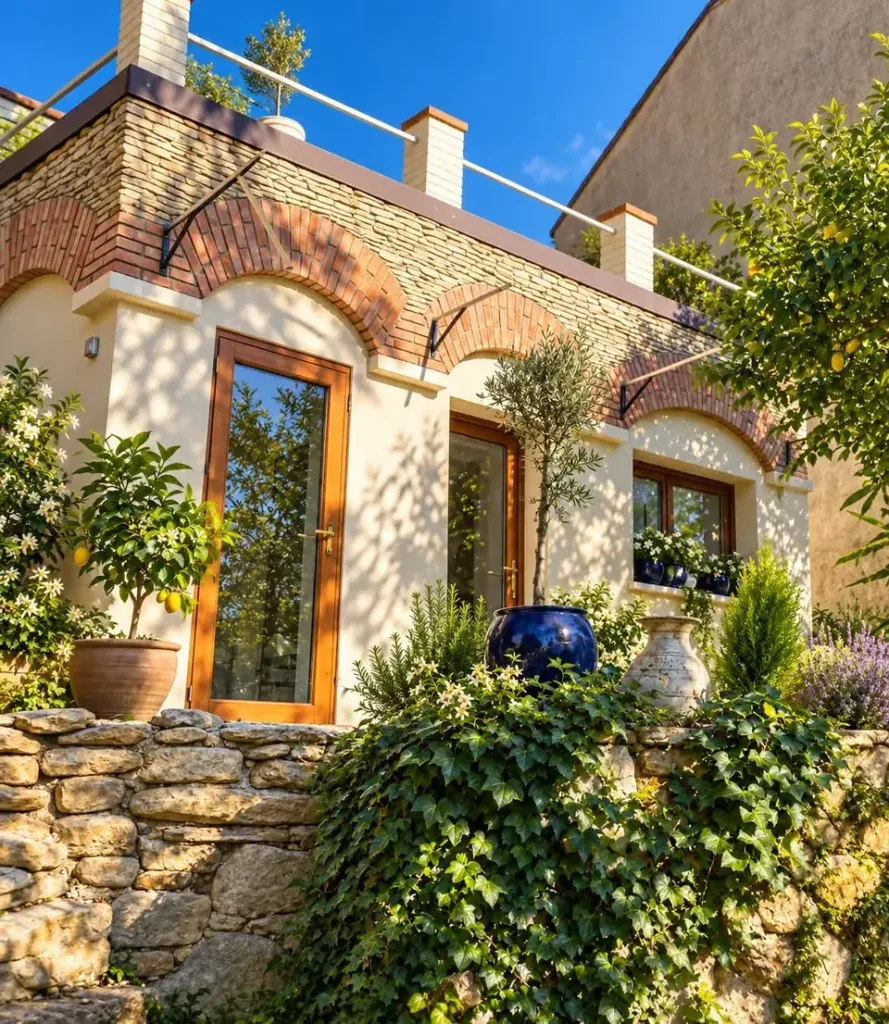 La façade en pierre du cabinet à Villelongue-d’Aude, sous la verdure
